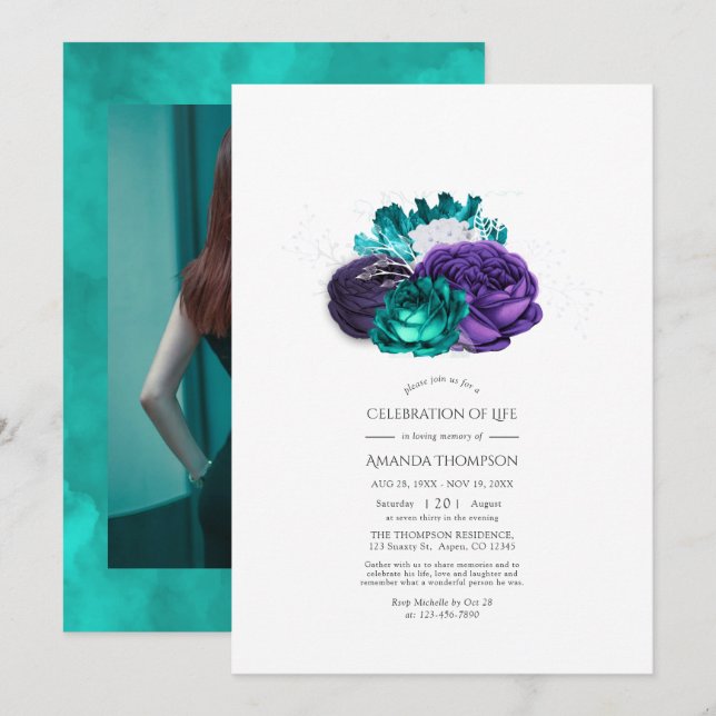 Violet and Turquoise Floral Celebration of Life Invitation (Front/Back)