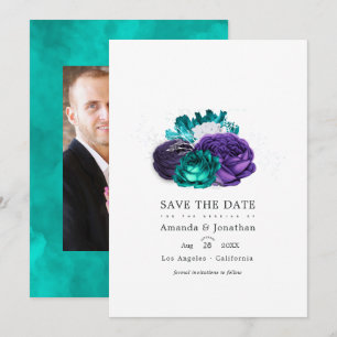 Violet and Turquoise Floral Wedding Photo Save The Date
