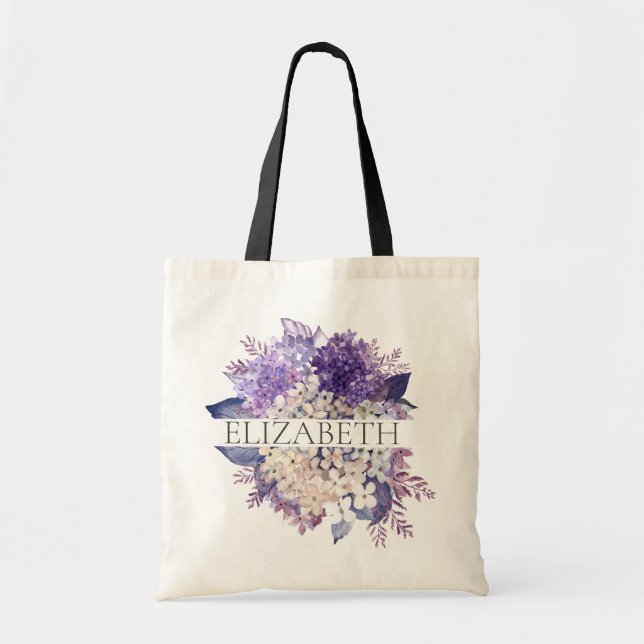 Violet and White Floral Bridesmaid Monogram Name Tote Bag (Front)