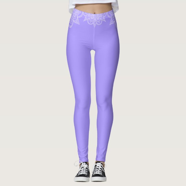 Violet and White Lace Mandala Yoga  Leggings (Front)
