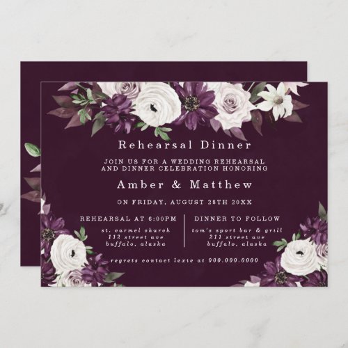 Violet and White Peonies Rehearsal Dinner Invitation