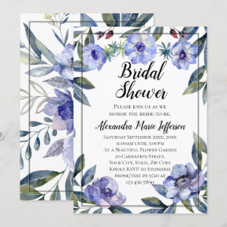 Violet Anemone Flower Watercolor Bridal Shower Invitation