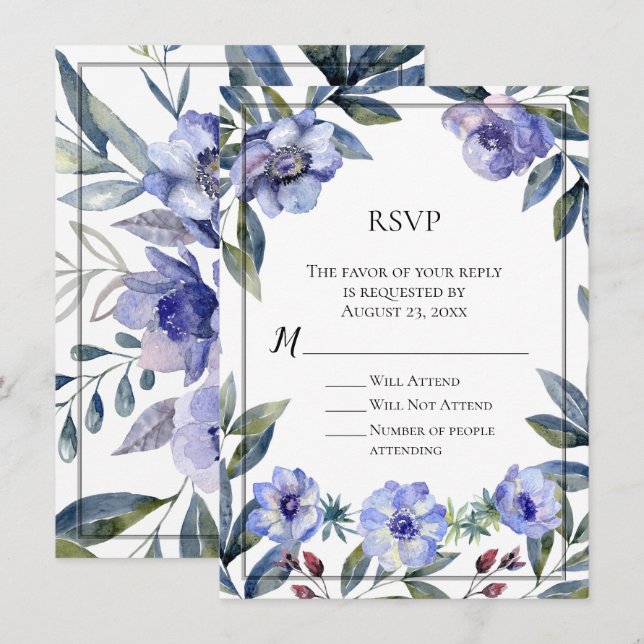 Violet Anemone Flower Watercolor Wedding Invitation (Front/Back)
