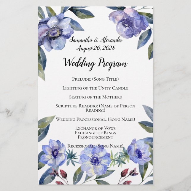 Violet Anemone Flower Watercolor Wedding Program (Front)