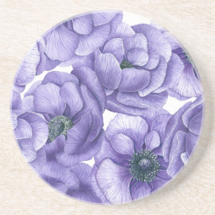 Violet anemone flowers watercolor pattern coaster