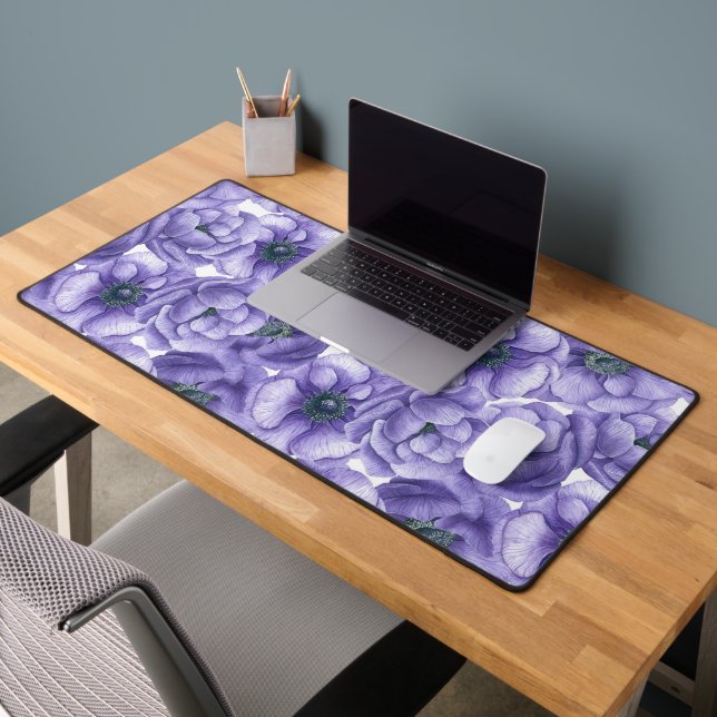 Violet anemone flowers watercolor pattern desk mat (Office 2)