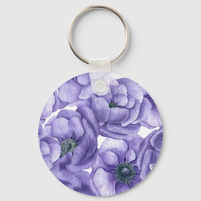 Violet anemone flowers watercolor pattern keychain (Front)