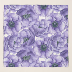 Violet anemone flowers watercolor pattern scarf