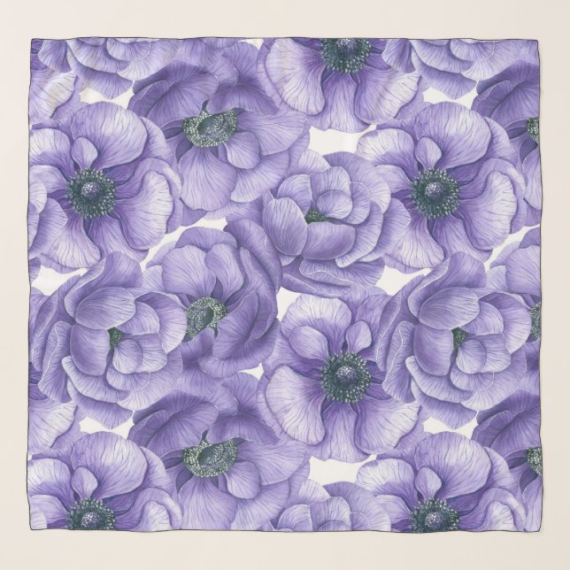 Violet anemone flowers watercolor pattern scarf (Front)