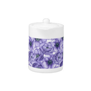 Violet anemone flowers watercolor pattern teapot