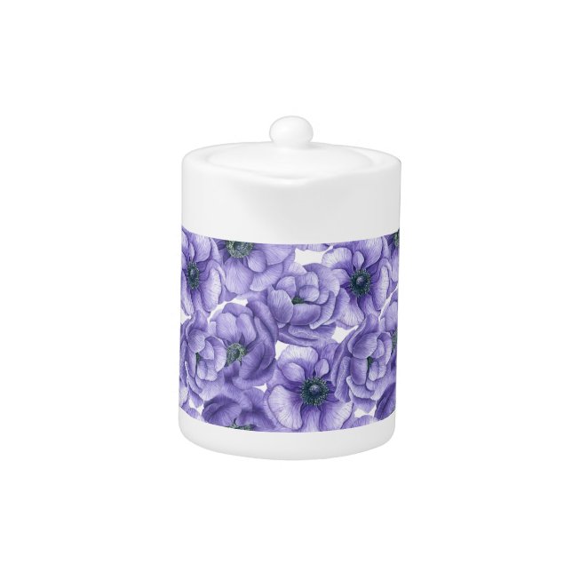 Violet anemone flowers watercolor pattern teapot (Front)