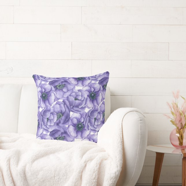 Violet anemone flowers watercolor pattern throw pillow (Couch)