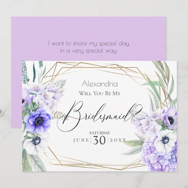 Violet  Anemone Flowers Will You Be My Bridesmaid Invitation (Front/Back)