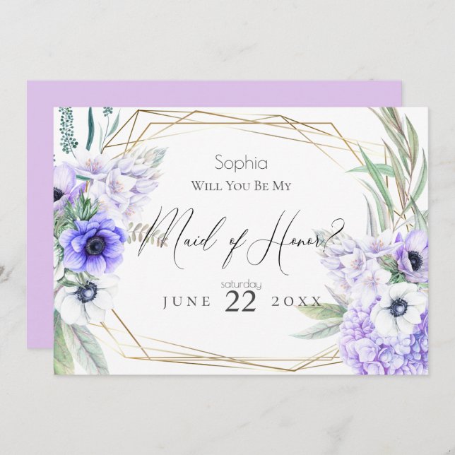 Violet Anemones Will You Be My Maid of Honor Invitation (Front/Back)