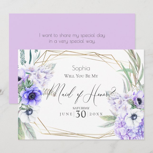 Violet Anemones Will You Be My Maid of Honor Invitation (Front/Back)