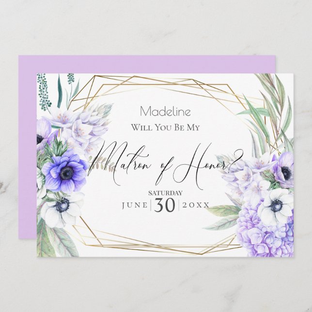 Violet Anemones Will You Be My Matron of Honor Invitation (Front/Back)