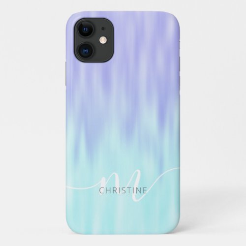 Violet Aqua Blue Pastel Ombre Chic Script Monogram iPhone 11 Case