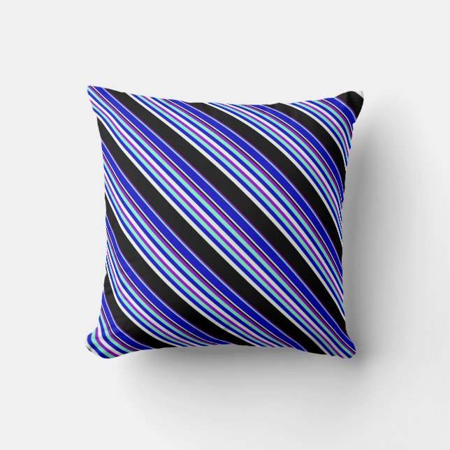 Violet, Aquamarine, Blue, Mint Cream & Black Lines Throw Pillow (Front)