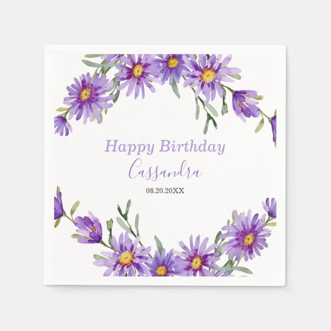 Violet Aster Floral Botanical Birthday Napkins (Front)