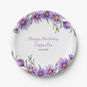 Violet Aster Floral Botanical Birthday Paper Plates