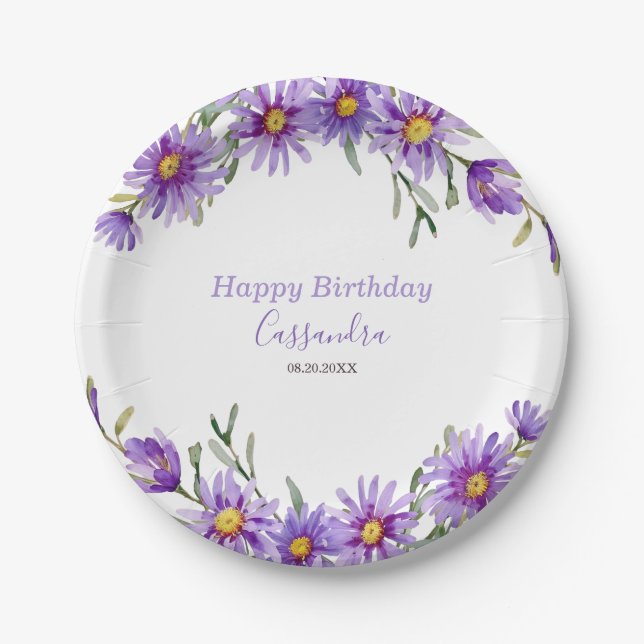 Violet Aster Floral Botanical Birthday Paper Plates (Front)
