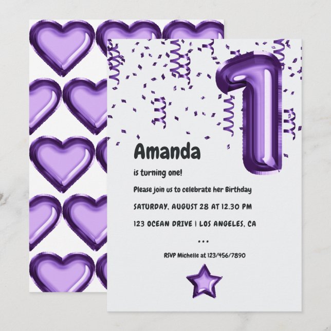 Violet Balloon 1st Birthday Party Invitation (Front/Back)