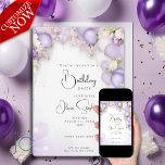 Violet Balloons and Peony Floral QR Birthday  Invitation
