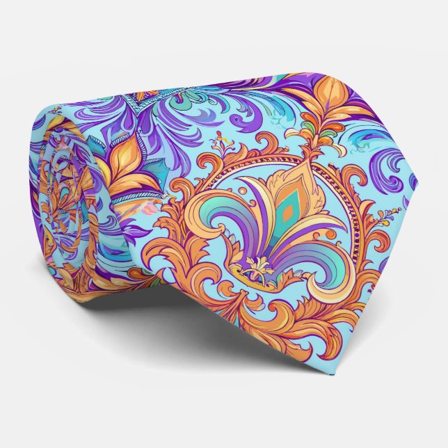 Violet baroque Fleur de Lis, French Lili pattern Neck Tie (Rolled)