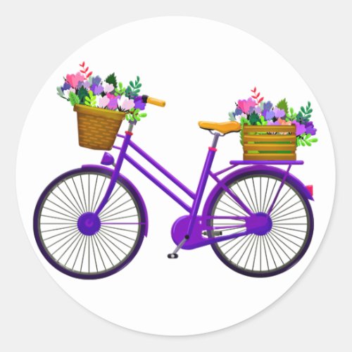 Violet Bicycle With Basket Of Flowers _ Classic Round Sticker