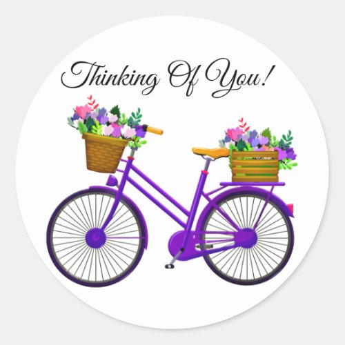 Violet Bicycle With Basket Of Flowers Classic Round Sticker