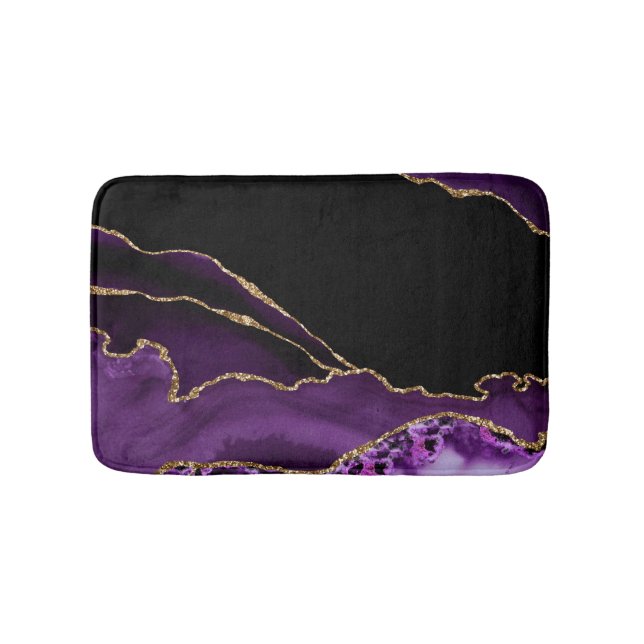 Violet Black Marble Agate Dark Glamor Golden Bath Mat (Front)