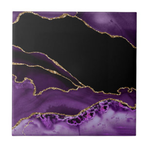Violet Black Marble Agate Dark Glamor Golden Ceramic Tile