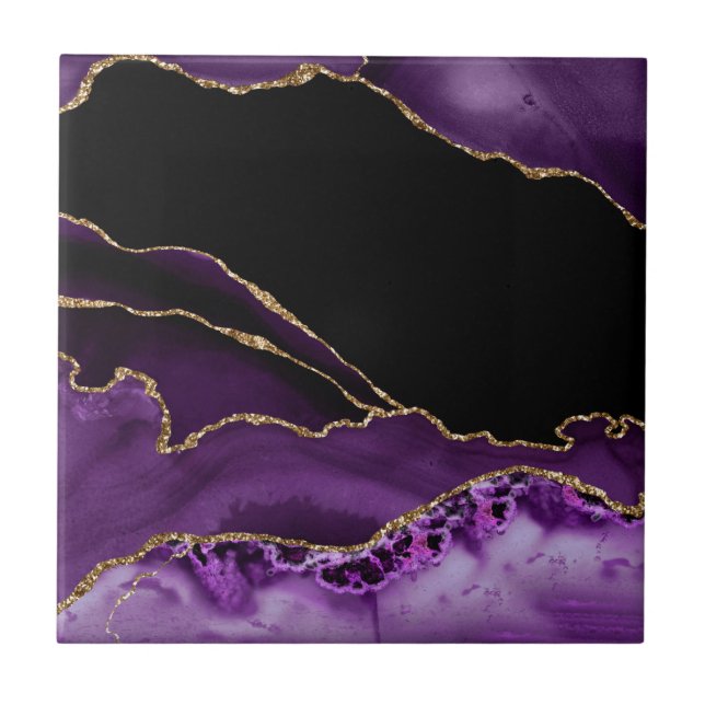 Violet Black Marble Agate Dark Glamor Golden Ceramic Tile (Front)