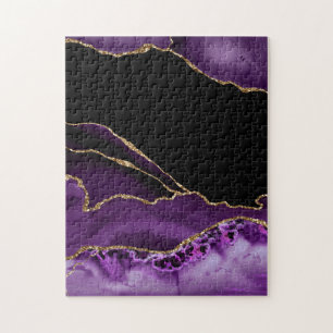 Violet Black Marble Agate Dark Glamor Golden Jigsaw Puzzle