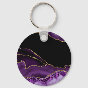 Violet Black Marble Agate Dark Glamor Golden Keychain