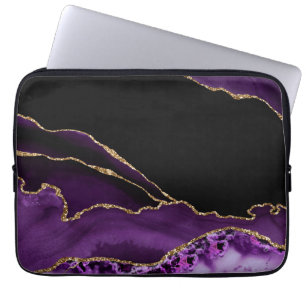 Violet Black Marble Agate Dark Glamor Golden Laptop Sleeve