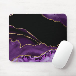 Violet Black Marble Agate Dark Glamor Golden Mouse Pad