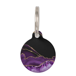 Violet Black Marble Agate Dark Glamor Golden Pet ID Tag