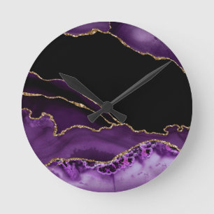 Violet Black Marble Agate Dark Glamor Golden Round Clock