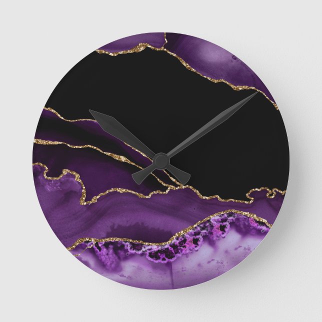 Violet Black Marble Agate Dark Glamor Golden Round Clock (Front)