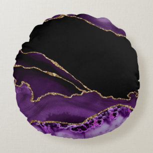 Violet Black Marble Agate Dark Glamor Golden Round Pillow