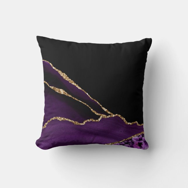 Violet Black Marble Agate Dark Glamor Golden Throw Pillow (Front)