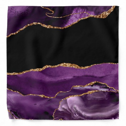 Violet Black Marble Agate Glam Golden Glitter Bandana