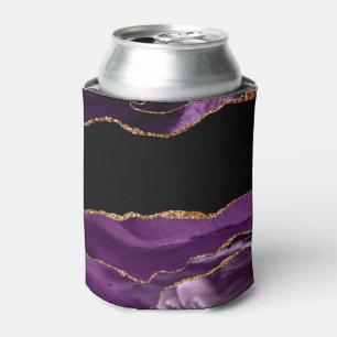 Violet Black Marble Agate Glam Golden Glitter Can Cooler