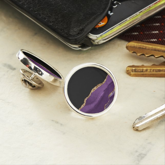 Violet Black Marble Agate Glam Golden Glitter Lapel Pin (In Situ)