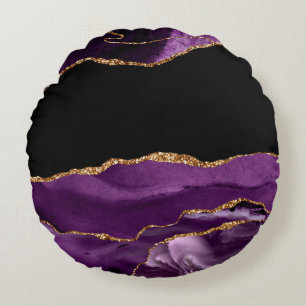 Violet Black Marble Agate Glam Golden Glitter Round Pillow