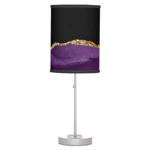 Violet Black Marble Agate Glam Golden Glitter Table Lamp