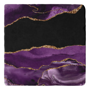 Violet Black Marble Agate Glam Golden Glitter Trivet