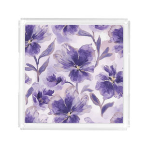 Violet Blooms Watercolor Purple Flowers Painted Acrylic Tray