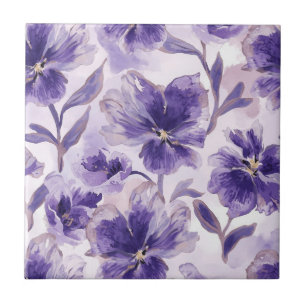 Violet Blooms Watercolor Purple Flowers Painted Ceramic Tile